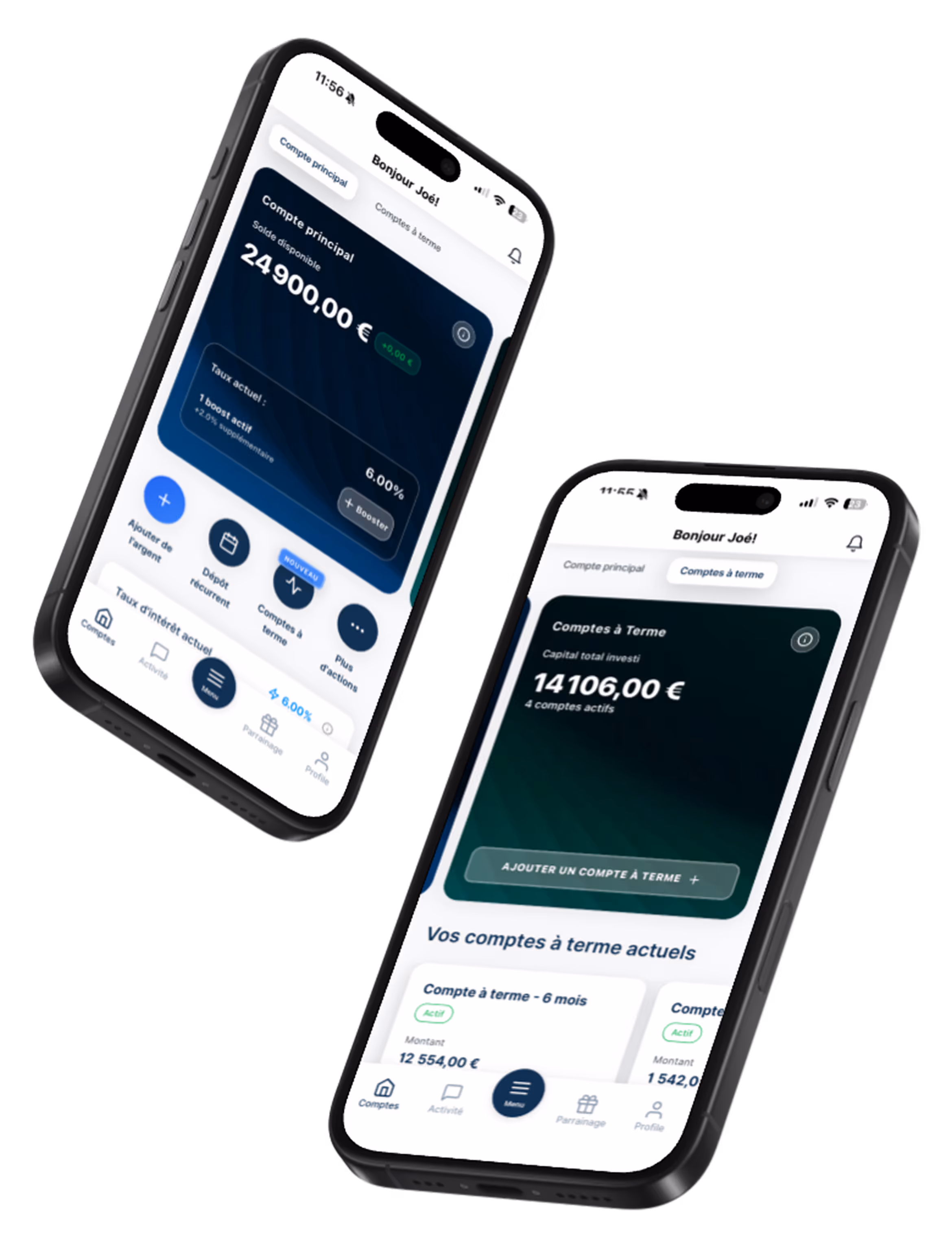Deux téléphones affichant l'application Livret P. : le compte principal à 6,00 % et les comptes à terme. Montants d'exemple.